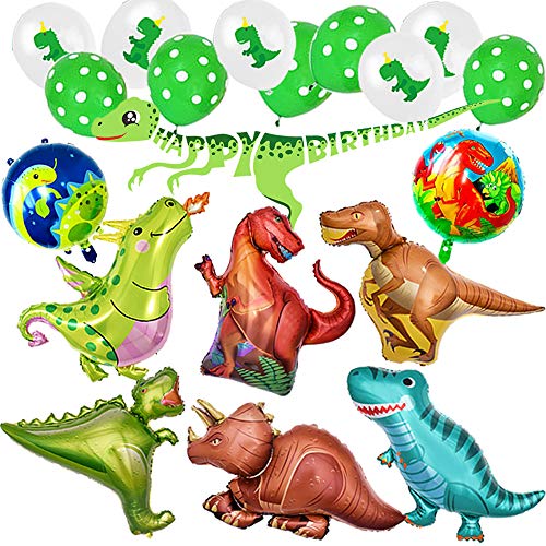 Ánimo Globo Dinosaurio de Decoración para Fiesta,Paquete Completo incluye Dinosaurios Grande x8 más Pelotas Dinosaurios x10 y Un Chulo Happy Birthday Dino Banner,Regalo Ideal para Decorar Un Cumple