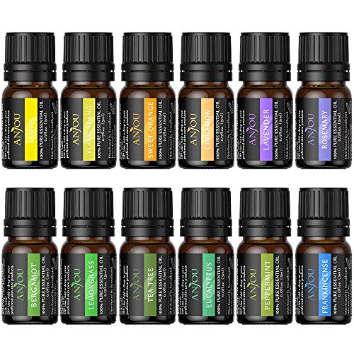 Anjou Aceites Esenciales 12 pcs,Aceites Esenciales para Difusor 100% Natural Pura,Lavanda,Árbol de Té,Eucalipto,Naranja Dulce,Menta,Bergamota,Hierba de Limón,Incienso