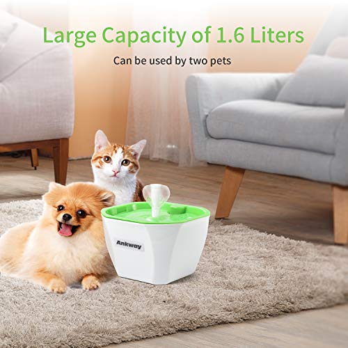 Ankway Bebedero Gatos, Fuente para Gatos Automático Bebedero para Mascotas 1.6L con filtros de Carbón y Detector de Nivel de Agua, Dispensador de Mascotas Silenciosa para Gatos y Perros