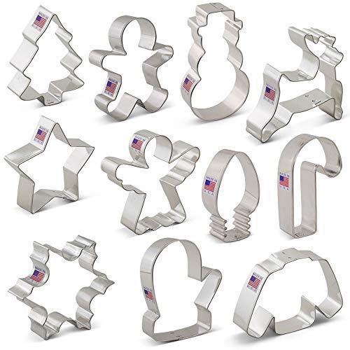 Ann Clark Cookie Cutters Juego de 11 cortadores de galletas Navidad con libro de recetas, copo de nieve, árbol de Navidad, bastón de caramelo, reno y más - Acero fabricado en EE. UU.