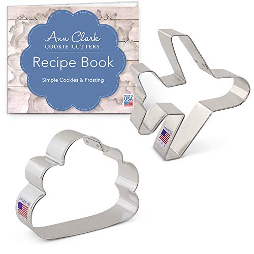 Ann Clark Cookie Cutters Juego de 2 cortadores de galletas transporte aéreo / aviación con libro de recetas, avión y nube