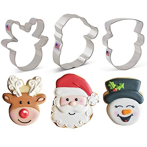 Ann Clark Cookie Cutters Juego de 3 cortadores de galletas caras de Navidad con libro de recetas, cara de Papá Noel, cara de reno y cara de muñeco de nieve