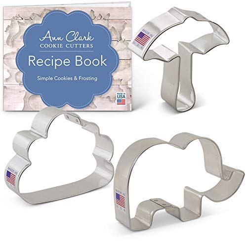 Ann Clark Cookie Cutters Juego de 3 cortadores de galletas elefante / fiesta del bebé con libro de recetas, elefante, paraguas y nube