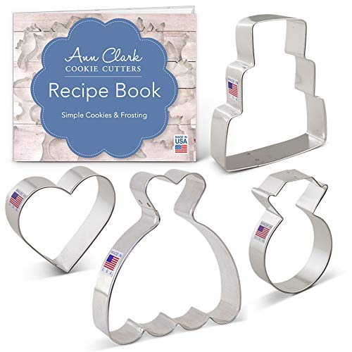 Ann Clark Cookie Cutters Juego de 4 cortadores de galletas boda con libro de recetas, vestido de boda, tarta nupcial, sortija de diamantes y corazón - Acero fabricado en EE. UU.