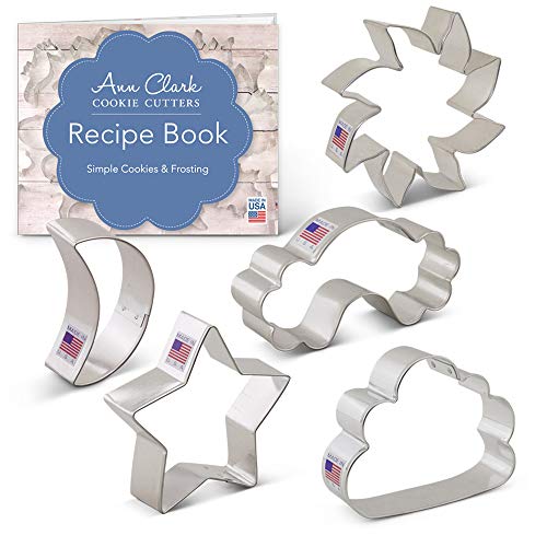 Ann Clark Cookie Cutters Juego de 5 cortadores de galletas cielo de día y de noche con libro de recetas, sol, luna, nube, arco iris y estrella