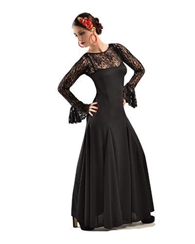 ANUKA Traje Profesional de Danza Flamenco para Mujer. Vestido con Manga y Escote a la Caja en blonda elástica. Fabricado en España (Negro/Negro, L)