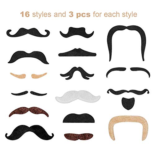 Anyasen 48 pcs Bigotes Postizos Bigotes Autoadhesivos, Bigote Falso Bigote Adhesivo Novedad Bigotes Falsos Falso Tash Accessorios para Fiestas temáticas, Halloween, Carnaval, Carnaval, cumpleaños