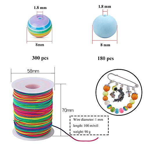 Anyasen 480 pcs Perlas de Colores Cuentas Redondas 8mm Abalorios de Acrílico Cuentas esmeriladas Color Cuentas de Vidrio con 100 m Elástico Cuerda para Manualidades Bricolaje DIY Regalo