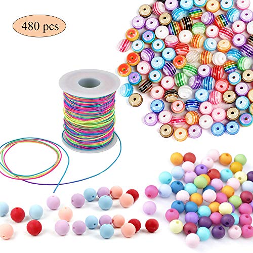 Anyasen 480 pcs Perlas de Colores Cuentas Redondas 8mm Abalorios de Acrílico Cuentas esmeriladas Color Cuentas de Vidrio con 100 m Elástico Cuerda para Manualidades Bricolaje DIY Regalo