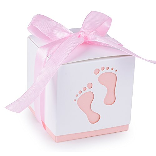 AONER 50Pcs Cajas de Papel Bautizo Caramelos Bombones Regalos Detalles para Invitados de Boda Fiesta Comunion Cumpleaños de Niña con Cintas (Pequeño pie Rosa)