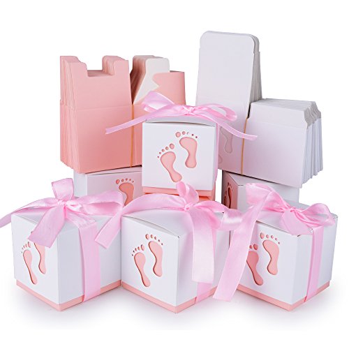 AONER 50Pcs Cajas de Papel Bautizo Caramelos Bombones Regalos Detalles para Invitados de Boda Fiesta Comunion Cumpleaños de Niña con Cintas (Pequeño pie Rosa)