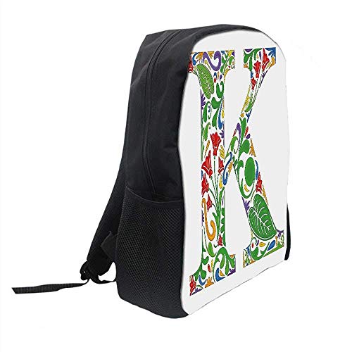 AOOEDM Elegante Bolso Escolar con Letra K, Esquema de Colores Vivos Inspiraciones Naturales Flores Hojas Tallos Letra K mayúscula Decorativa para niños, 11 'L x 5' W x 17 'H