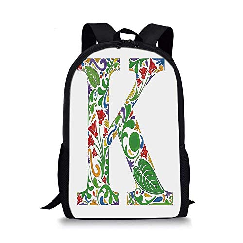 AOOEDM Elegante Bolso Escolar con Letra K, Esquema de Colores Vivos Inspiraciones Naturales Flores Hojas Tallos Letra K mayúscula Decorativa para niños, 11 'L x 5' W x 17 'H