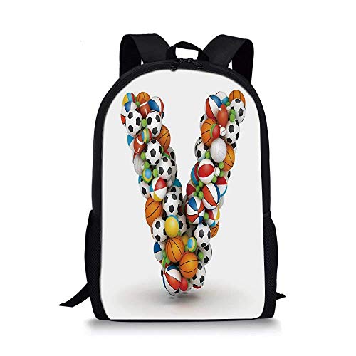 AOOEDM - Elegante Bolso Escolar con Letra V, mayúscula V, diseñado con Varias Bolas Diferentes, artículos Deportivos, Equipo de Juego para niños, 11 'L x 5' W x 17 'H