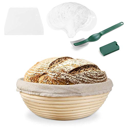 Aottom Banneton Pruebas Cesta 8,66" Redondo Banneton Brotform Cuenco de Ratán para Masa de Pan, Lino Liner, Plantillas de Decoración de Pan de 16 Piezas para Panaderos Caseros (hasta 1000g)