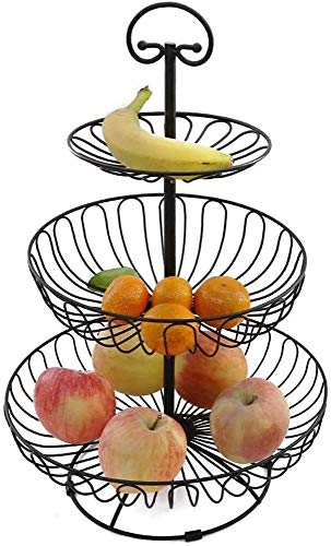 Apark Frutero de 3 Pisos, Desmontable Metal Cesta Fruta, para Conservan Frutas, Verduras, Bocadillos o Pan, Tamaño de la Cesta de Frutas: 16CM, 24CM, 30CM, Altura: 40CM (Negro)