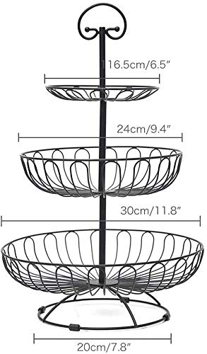 Apark Frutero de 3 Pisos, Desmontable Metal Cesta Fruta, para Conservan Frutas, Verduras, Bocadillos o Pan, Tamaño de la Cesta de Frutas: 16CM, 24CM, 30CM, Altura: 40CM (Negro)