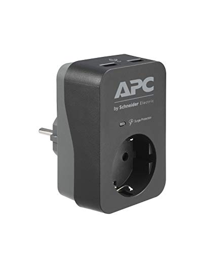 APC Surge Protector PME1WU2B-GR - Adaptador de Enchufe con protección contra sobretensiones (1 Enchufe Schuko, 2 Salidas de Carga USB), Color Negro