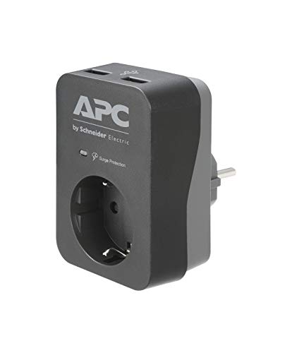 APC Surge Protector PME1WU2B-GR - Adaptador de Enchufe con protección contra sobretensiones (1 Enchufe Schuko, 2 Salidas de Carga USB), Color Negro