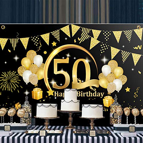 APERIL Decoración de Fiesta de 50 Cumpleaños de Oro Negro, Póster de Tela Cartel Extra Grande para 50 Aniversario Feliz Cumpleaños Pancarta de Fondo Materiales de Fiesta de 50 Años Cumpleaños