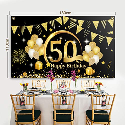 APERIL Decoración de Fiesta de 50 Cumpleaños de Oro Negro, Póster de Tela Cartel Extra Grande para 50 Aniversario Feliz Cumpleaños Pancarta de Fondo Materiales de Fiesta de 50 Años Cumpleaños