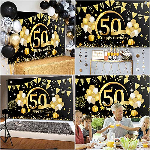 APERIL Decoración de Fiesta de 50 Cumpleaños de Oro Negro, Póster de Tela Cartel Extra Grande para 50 Aniversario Feliz Cumpleaños Pancarta de Fondo Materiales de Fiesta de 50 Años Cumpleaños