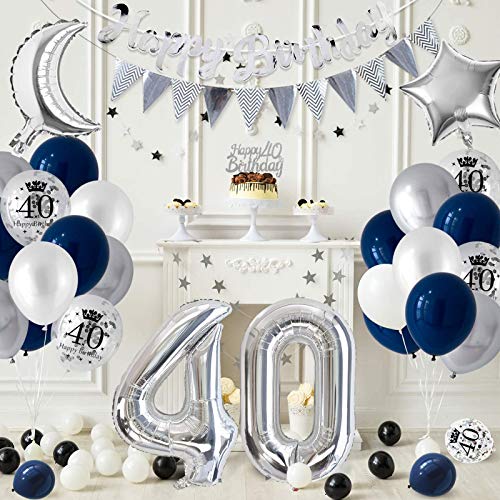 APERIL Globos Cumpleaños 40 Años Decoraciones de Cumpleaños Azul Plata, Pancarta Feliz Cumpleaños, Globos de Confeti Plateados Impresos, Manteles Plateados, 40 Confetti de Mesa, para hombres Mujer