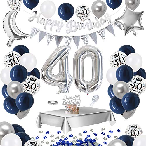 APERIL Globos Cumpleaños 40 Años Decoraciones de Cumpleaños Azul Plata, Pancarta Feliz Cumpleaños, Globos de Confeti Plateados Impresos, Manteles Plateados, 40 Confetti de Mesa, para hombres Mujer