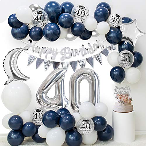 APERIL Globos Cumpleaños 40 Años Decoraciones de Cumpleaños Azul Plata, Pancarta Feliz Cumpleaños, Globos de Confeti Plateados Impresos, Manteles Plateados, 40 Confetti de Mesa, para hombres Mujer