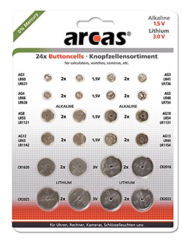 Arcas 12752400 Alkaline y Litio Pilas de botón Surtido, 24 Piezas Cromo