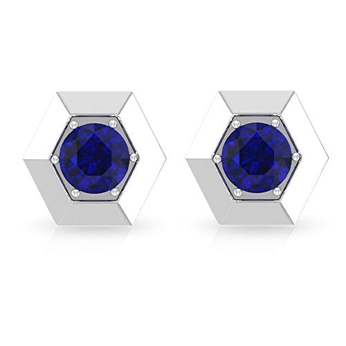 Aretes de zafiro azul solitario de 0,68 ct, hexágono geométrico, pendientes de boda de dama de honor, certificado SGL, pendientes de piedras preciosas, pendientes de niñas, 18K Oro blanco, Par