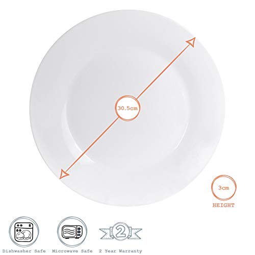 Argon Tableware Juego de Platos Llanos - Diseño clásico con Borde Interior - Porcelana - Blanco - 30 cm - Pack de 6