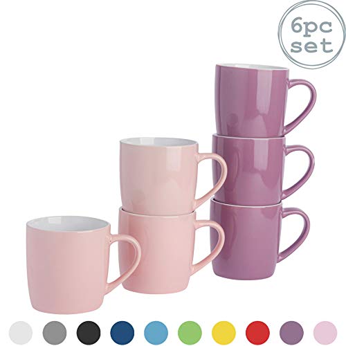 Argon Tableware Té Café - 6pc contemporáneo de Colores Tazas de cerámica Set - 350 ml - Rosa y púrpura