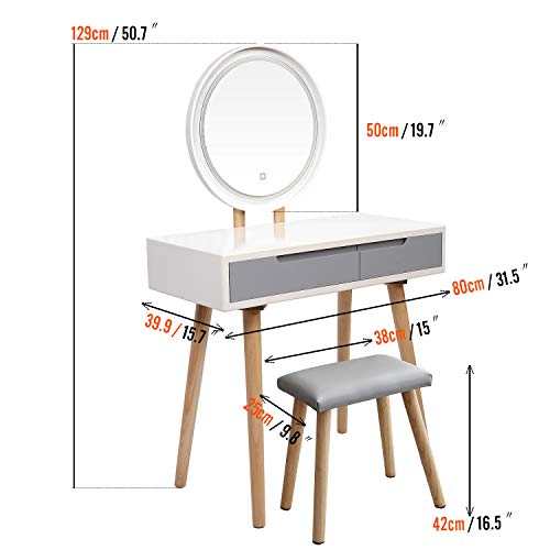 ARTETHYS Tocador de Maquillaje Moderno con Luces Organizador de Taburetes con Espejo Cajones Grandes Vestidor para Mujeres Niñas Mesa de Cosméticos Dormitorio Baño Sala de Estar (Espejo Redondo