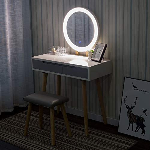 ARTETHYS Tocador de Maquillaje Moderno con Luces Organizador de Taburetes con Espejo Cajones Grandes Vestidor para Mujeres Niñas Mesa de Cosméticos Dormitorio Baño Sala de Estar (Espejo Redondo