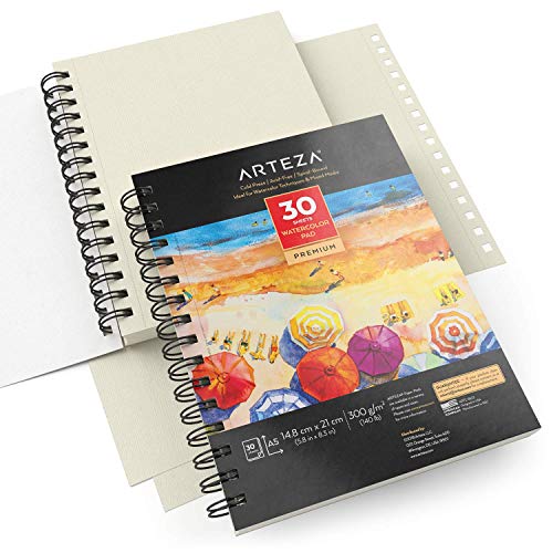 Arteza Bloc de dibujo para pintar acuarelas | Tamaño A5 | Pack de 3 blocs | 30 hojas x 3 | Papel de 300gsm prensado en frío | Libreta A5 con papel para pintura de acuarela y medios mixtos