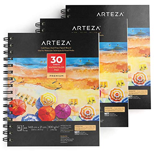 Arteza Bloc de dibujo para pintar acuarelas | Tamaño A5 | Pack de 3 blocs | 30 hojas x 3 | Papel de 300gsm prensado en frío | Libreta A5 con papel para pintura de acuarela y medios mixtos