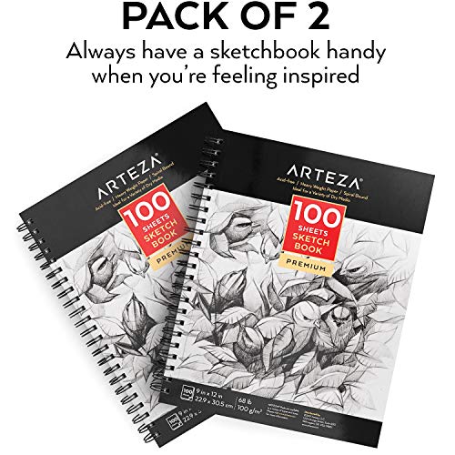 Arteza Cuadernos de dibujo | Pack de 2 blocs en espiral de doble anilla | 100 hojas cada uno | Papel grueso para bocetos | Tamaño 22,9 x 30,5 cm | Grosor 100 gsm | Sin ácidos | Blanco brillante