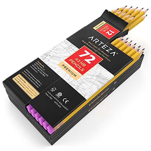 Arteza Lápices HB2, caja de 72 lapiceros de madera afilados de fábrica con goma de borrar sin látex, pack de lápices negros de grafito para suministros de oficina y material escolar