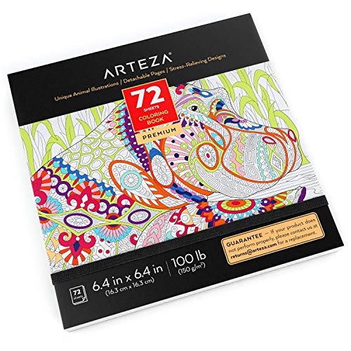 Arteza Libro de colorear para adultos, ilustraciones de animales, tamaño libreta de 16,3 x 16,3 cm, 72 hojas de 150 g/m², ideal para la ansiedad, relájate coloreando, hojas extraíbles