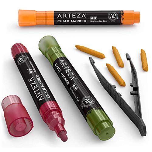 Arteza Rotuladores de tiza líquida | Set de 16 Colores pastel | Puntas recambiables | Pinzas, 50 etiquetas y 2 plantillas | Rotuladores para cristal borrables | Para múltiples superficies