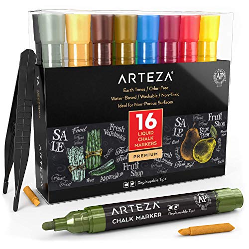 Arteza Rotuladores de tiza líquida | Set de 16 Colores pastel | Puntas recambiables | Pinzas, 50 etiquetas y 2 plantillas | Rotuladores para cristal borrables | Para múltiples superficies