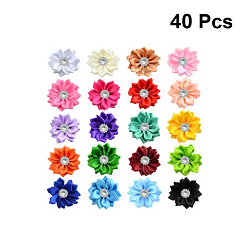 Artibetter Lazos de flores de cinta de raso de 40 piezas con diamantes de imitación adornos de flores de cinta apliques para manualidades decoraciones de boda diy adornos de 4 cm