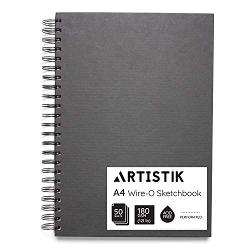 Artistik - Cuaderno de dibujo, de anillas, perforado, cubierta de tela de alta calidad, 50 hojas (100 caras), papel de 180 g/m² Pack of 1-A4 (50 Sheets) blanco