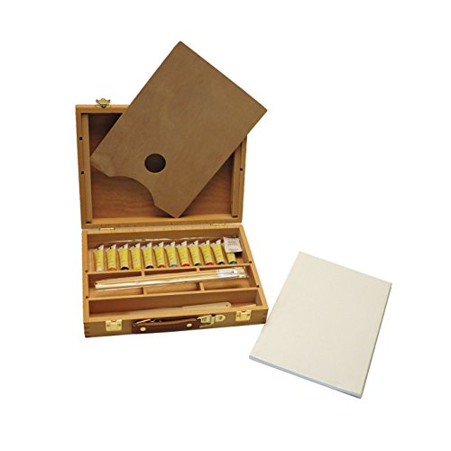 Artme Caja-Caballete de Madera Premium Set de 23 Piezas – Caballete de Mesa 32x24cm/ 3 Paneles de lienz / 12 Pinturas de acrílico/ 4 Pinceles/lápiz/Cuchillo de Paleta de plástico/Paleta