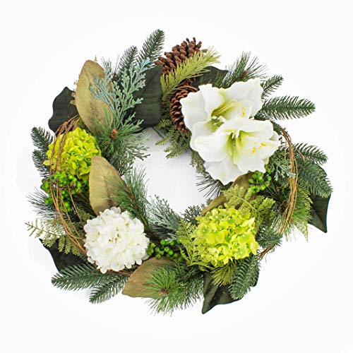 artplants.de Corona con Ramas de abetos, amarilis y hortensias Artificiales, Blanco, Ø 53cm - Guirnalda Decorativa - Corona sintética