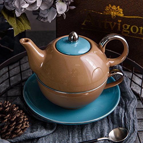 Artvigor Juego de Teteras de Té de Porcelana Juego de Tetera de Cerámica con Tapa 400 ml, Taza 250 ml y Platillo para Café, Té, Tea for One para Cocina, Cafetería, Oficina, Restaurante - Marrón