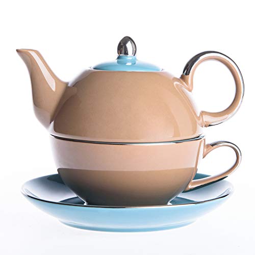 Artvigor Juego de Teteras de Té de Porcelana Juego de Tetera de Cerámica con Tapa 400 ml, Taza 250 ml y Platillo para Café, Té, Tea for One para Cocina, Cafetería, Oficina, Restaurante - Marrón