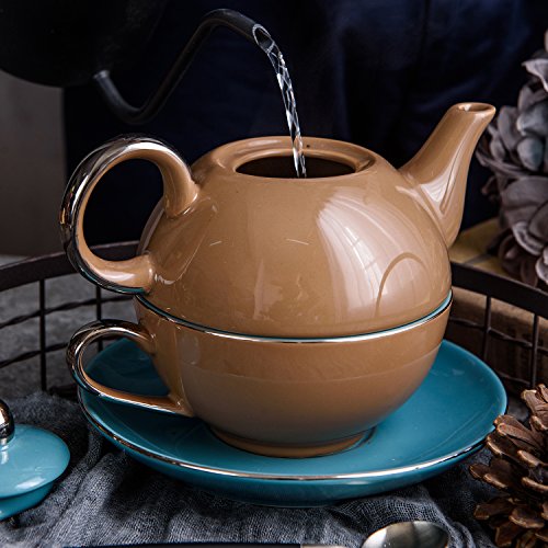 Artvigor Juego de Teteras de Té de Porcelana Juego de Tetera de Cerámica con Tapa 400 ml, Taza 250 ml y Platillo para Café, Té, Tea for One para Cocina, Cafetería, Oficina, Restaurante - Marrón