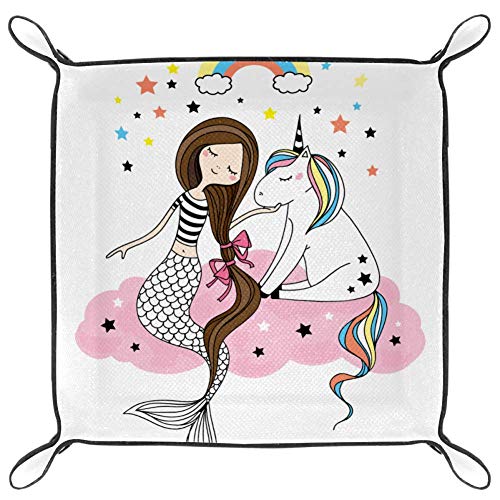 ASDQWE Lindo unicornio y hermosa sirena joyería de cuero para mujer bandeja de valet con hebilla de diseño de dados titular de cambio, monedero, bandeja de almacenamiento para mesita de noche